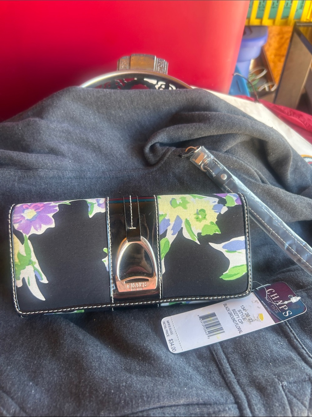 Chaps Black Floral Wristlet with Green and Purple new Read!